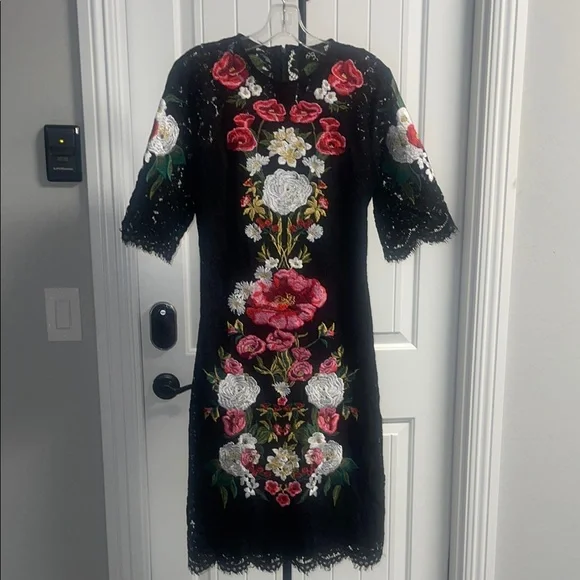 Embroidered Flowers Lace Luxury 3/4 Sleeve Midi Black lined Dress Back and front